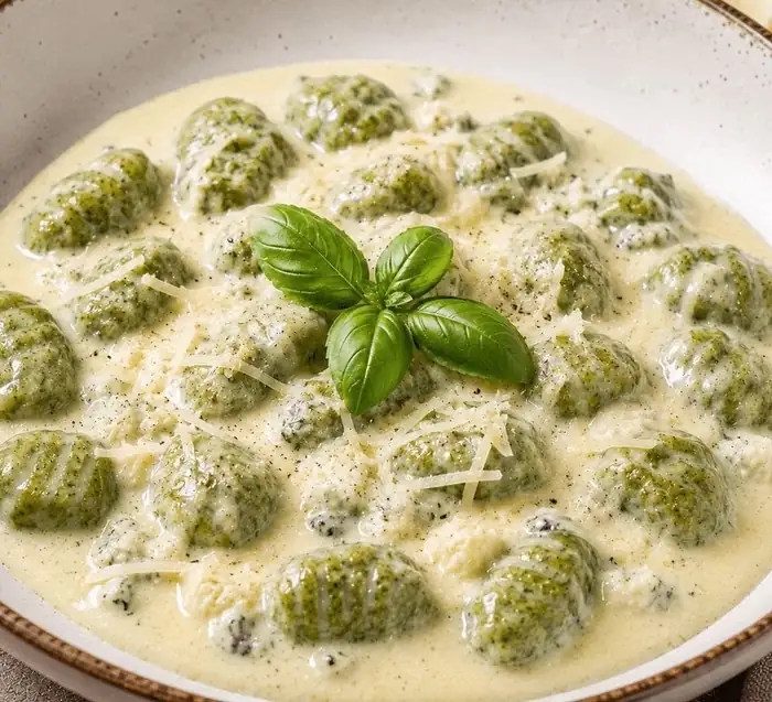 Zielone gnocchi w białym sosie z bazylią